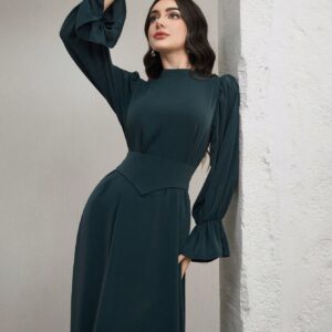 فستان نسائي أخضر بأكمام طويلة منتفخة وخصر مجنب Graceveil