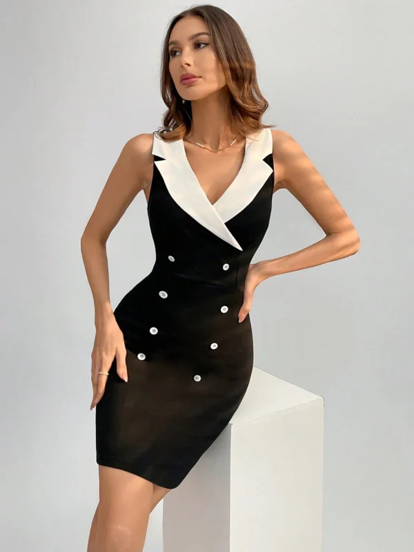 فستان بدون أكمام بتصميم بدلة مزدوجة – أسود وأبيض