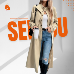 معطف بياقة طويل الأكمام مُحكم للنساء 2 في 1 & اللون بيج قياس M =S