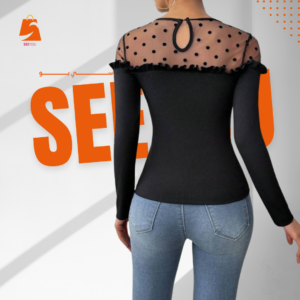 تي شيرت تريكو بأكمام طويلة مع تطريز منقوط وشريط كشكشة شبكي للنساء M+S اللون اسود